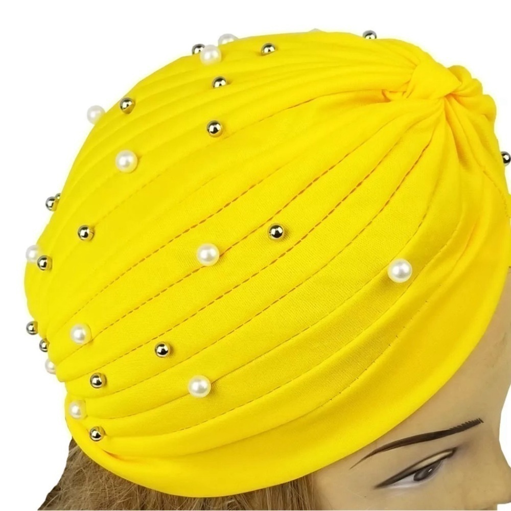 FAUX Pearl Decor Pleated Turban. Yellow. NWOT